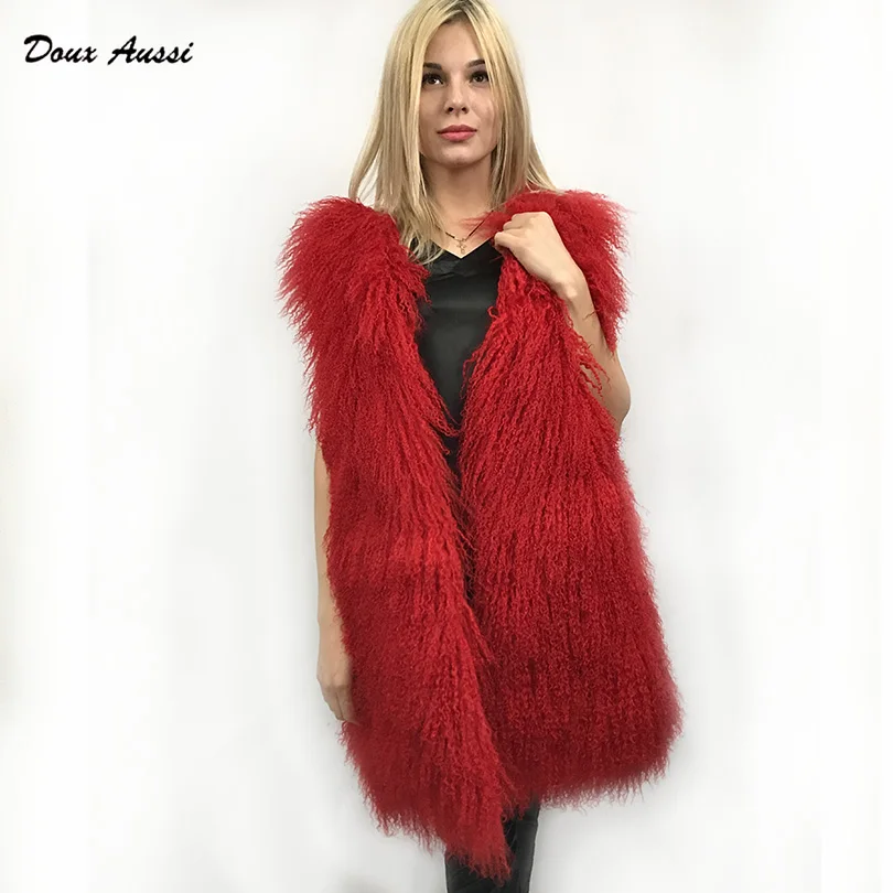 

DOUX AUSSI Red Mongolian Sheep Fur Jacket gilet New Autumn Nature Mongolian Fur Vest For Women Genuine Mongolian Wool Fur Coat