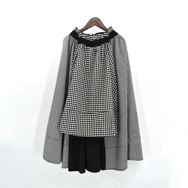 

[EWQ] New Fashion 2019 High Waist Solid Color Black Plaid Split Joint Loose Autumn Half-body Skirt Women Tide All-match E577