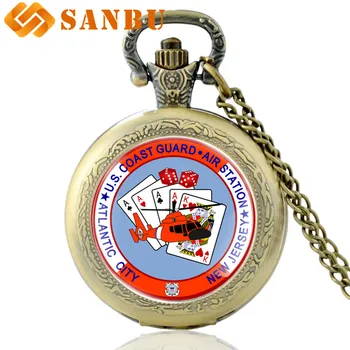 

Vintage Bronze US Coast Guard Air Station Quartz Pocket Watch Retro Men Women Atlantic City Pendant Necklace Clock Gift