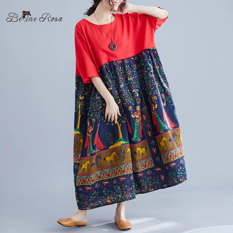 

BelineRosa Vintage Style Patchwork Print High Waist Large Size Dresses Summer Style Elegant Ladies Printing DressAWJ00002
