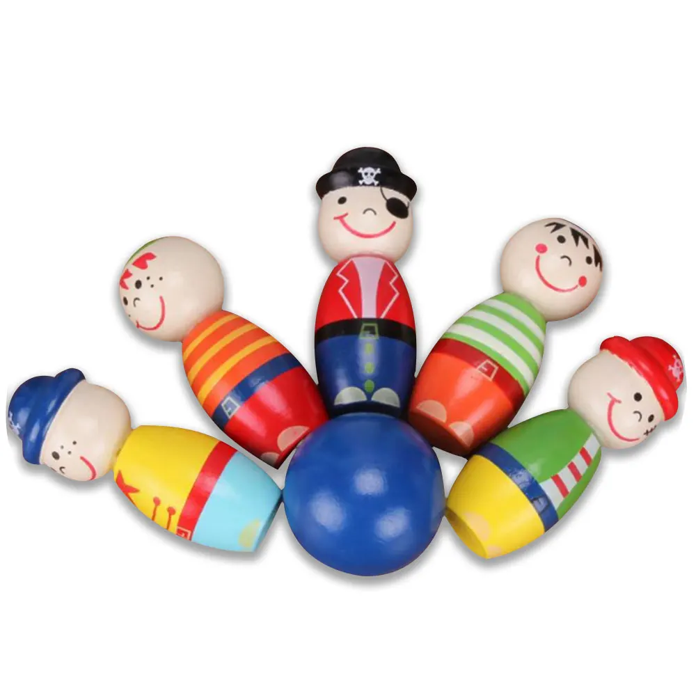 

6Pcs Wooden Indoor Outdoor Set Bowling Pirate Ball Cartoon Handcrafted Play