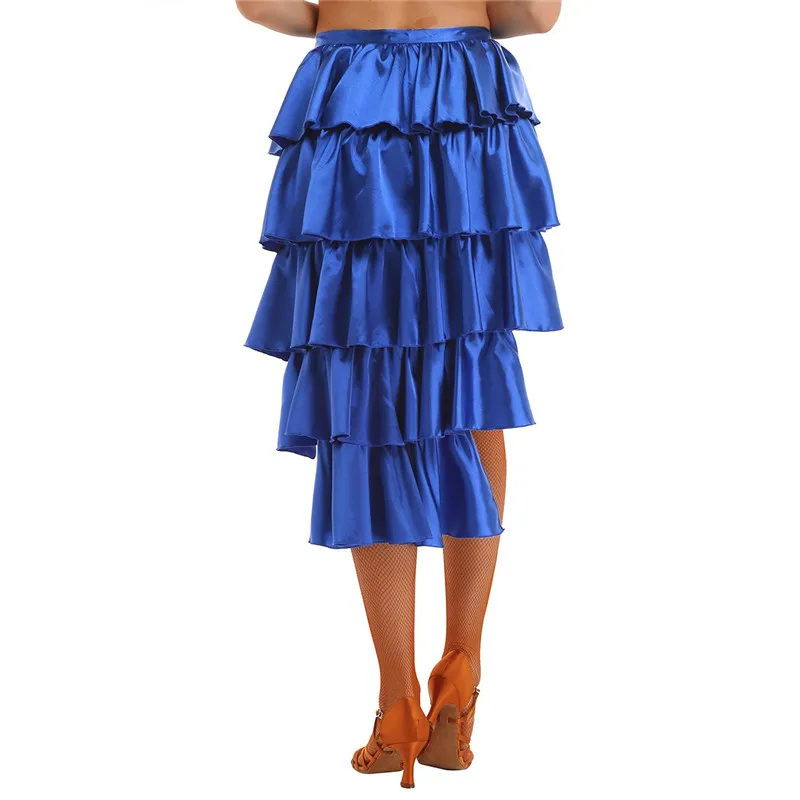 Женская гладкая атласная юбка с оборками, многослойная юбка для латинских танцев, костюм для взрослых, юбка для танца живота