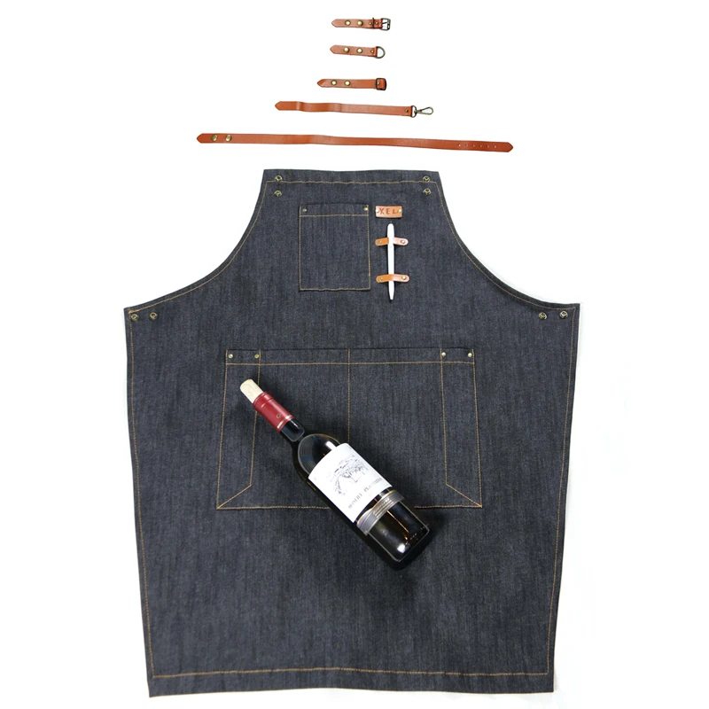

Senior Cotton baking Denim Cowboy Apron Bib Leather Straps Kitchen apron for Women Men cooking Waitress Custom Print Logo