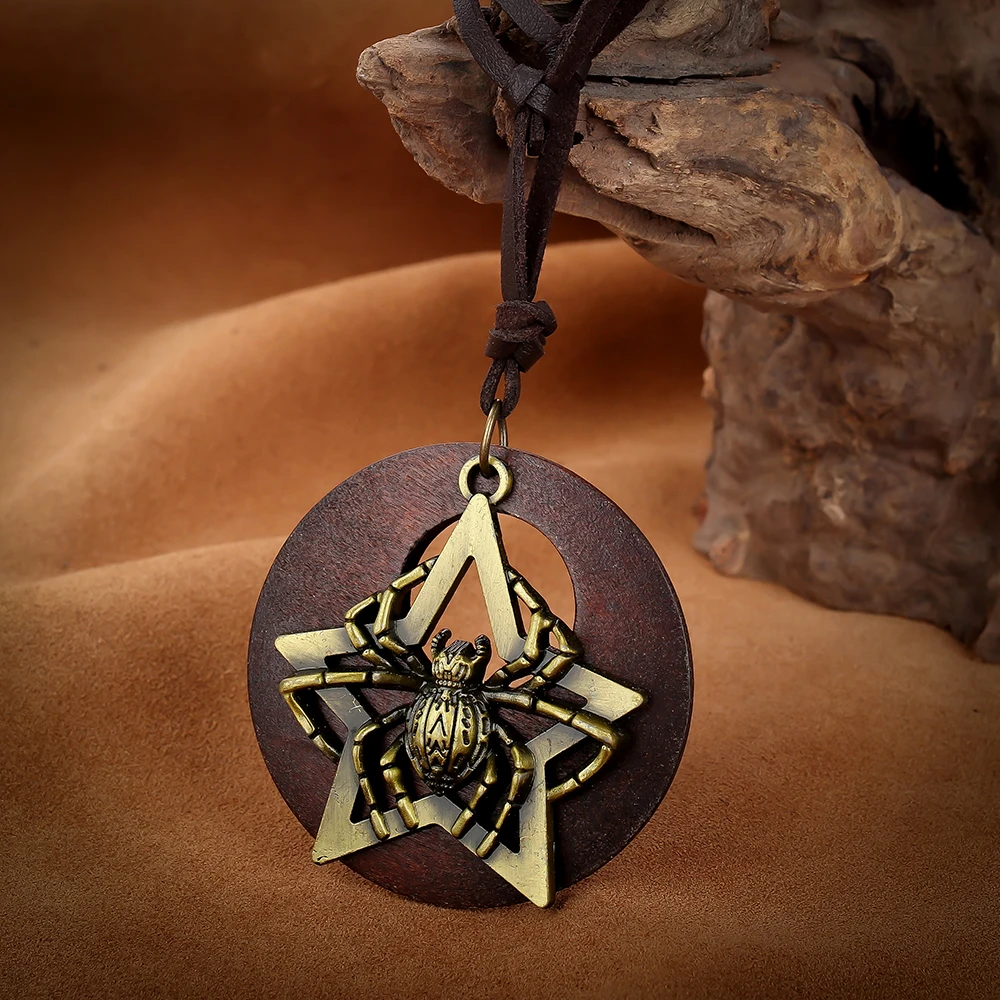 

Wood Necklace Statement Spider Pendant Circle Long Sweater Leather Chain Women Wooden Vintage Retro Simple Ethnic Jewelry