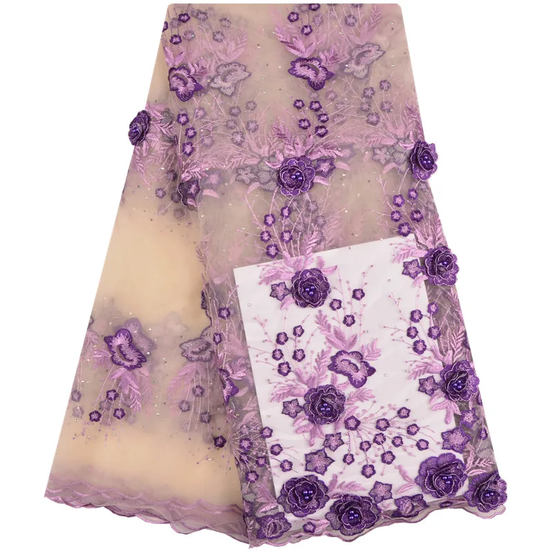 Beautiful Purple 3D Lace Fabric With Beads Flower Embroidered Appliques French Tulle 5 Yards For Dress F1233 | Дом и сад