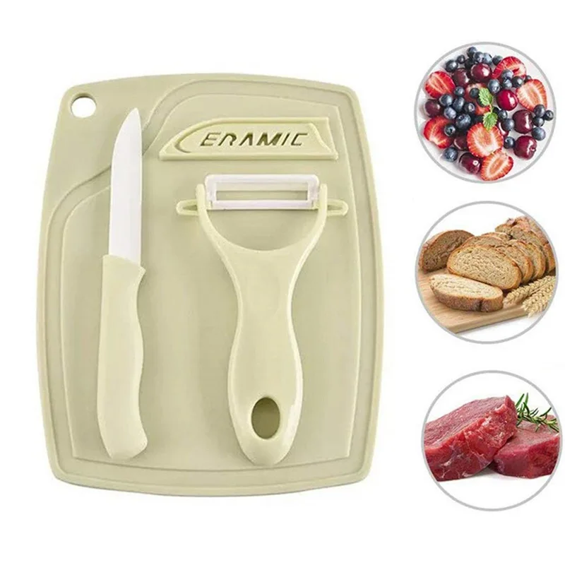 3Pcs Kitchen Tools Set Ceramic Fruit Vegetable Knife Peeler and PP Chopping Board Portable Outdoor Cooking Gadgets For Picnic | Дом и сад