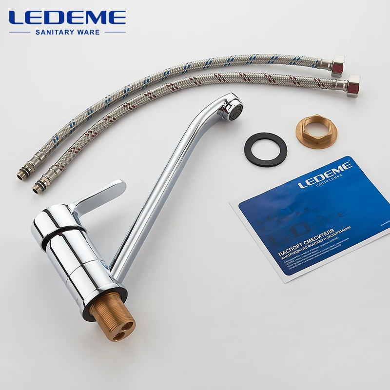 LEDEME Смеситель для кухни высокий нос с гайкой латунь Цвет: хром L4903