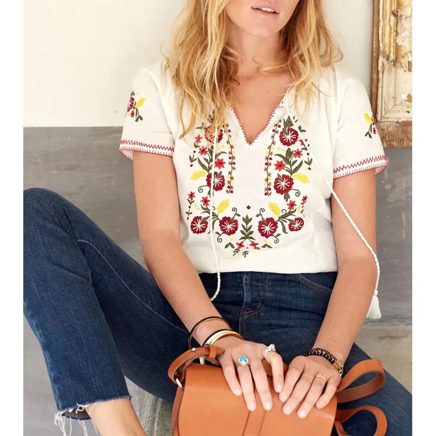 Женские винтажные футболки Boho с цветочным принтом и коротким рукавом