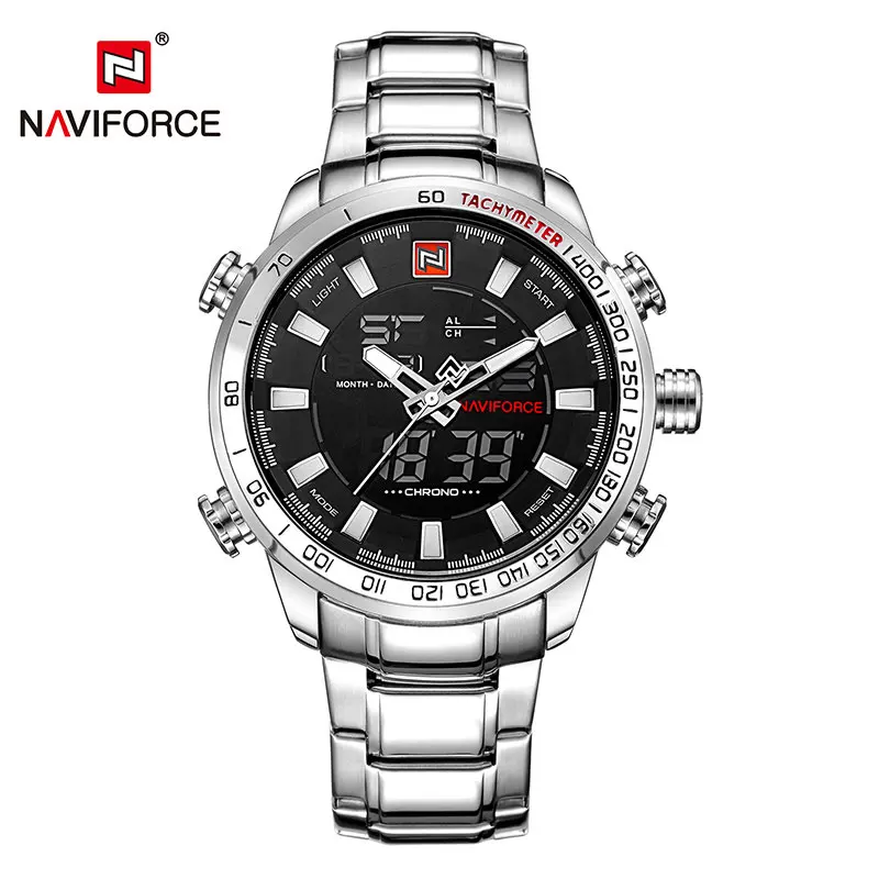 Мужские часы NAVIFORCE роскошный бренд армейские военные спортивные часы мужские полностью Стальные кварцевые цифровые аналоговые часы Relogio Masculino - Цвет: Silver White