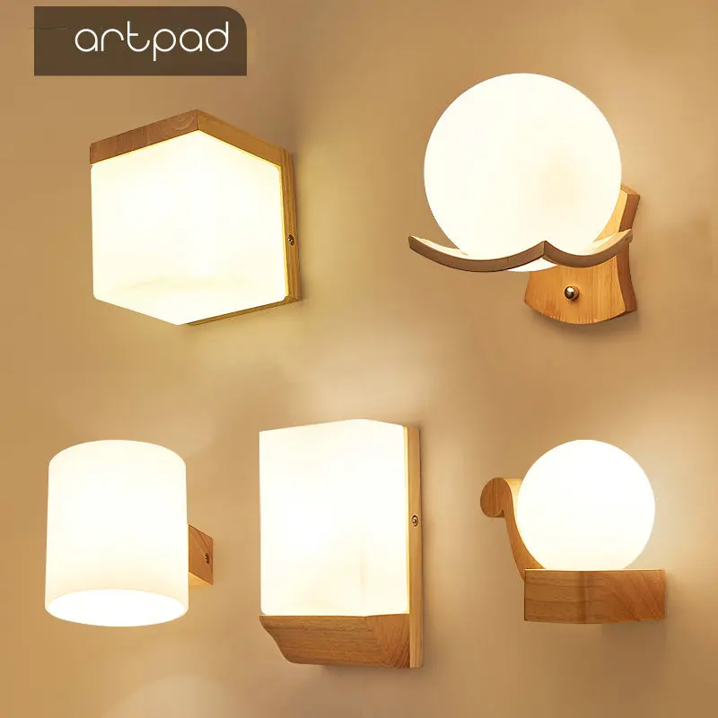  Artpad Scandinavian Nordic Wall Wood Light Glass Lampshade Corridor Balcony Bedside LED Side Wall L - 32888686201
