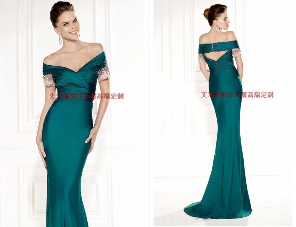 

prom dresses fashion Formal gowns vestido de festa new hot sexy boat neck short sleeve long mermaid Evening Dress 2015