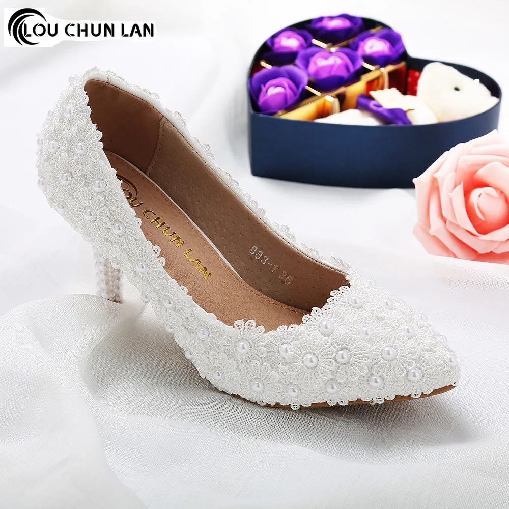 Shoes Women Pumps New Arrival High Quality Shoes White wedding shoes female flower lace pearl shoes bridal shoes 7CM heels