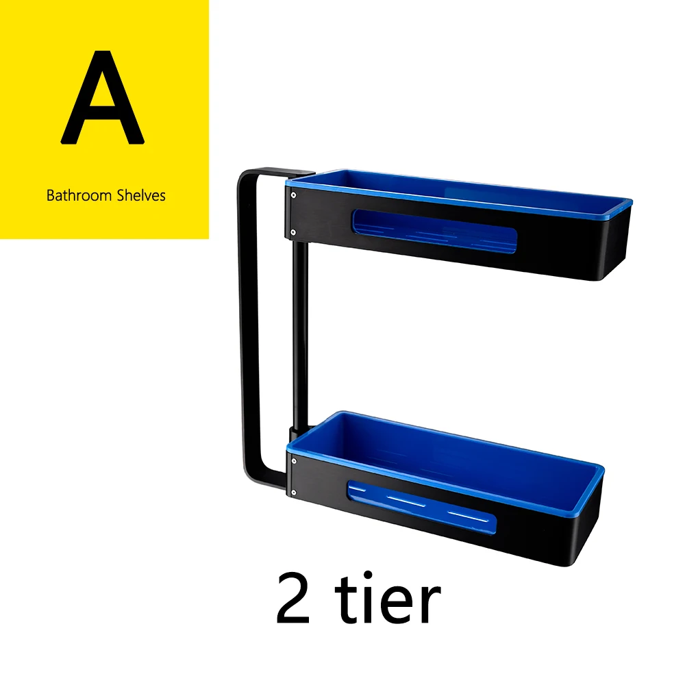 Алюминиевые вращающиеся полки для ванной комнаты, многофункциональные 2-4 яруса, угловая полка для душа, настенный самоклеющийся Органайзер - Цвет: BAL064BL   2 tier