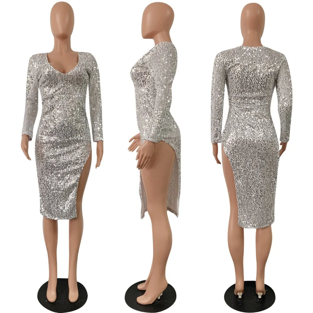Sexy Sequined dress Women Spring Autumn 2019 long-sleeved V-neck high open banquet dress female hot women Night Club party dress  (5)