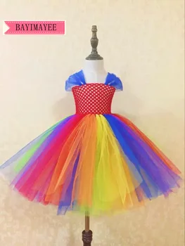 

Rainbow Girls Crochet Long Tutu Dress Kids Handmade Fluffy Tulle Ball Gown with Veil Shoulder Bow Children Cheap Party Dresses