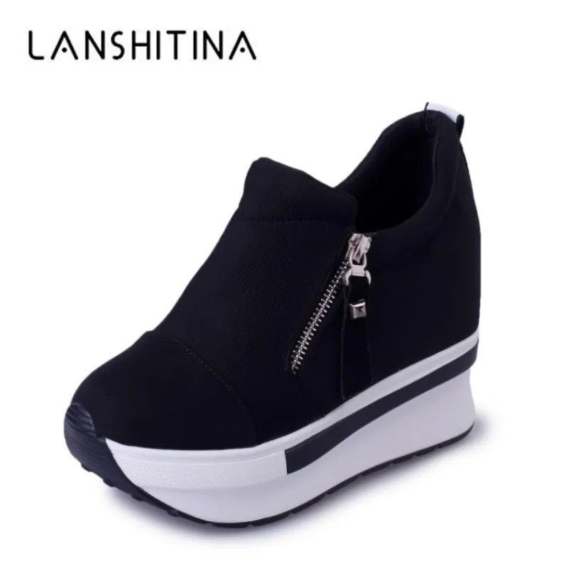 Goedkoop Nieuwe Lente 2018 Vrouwen Wig Casual Schoenen Rits Hoogte Toenemende Ademende Zwarte Vrouwen Zomer Wandelschoenen Flats Trainers Schoenen