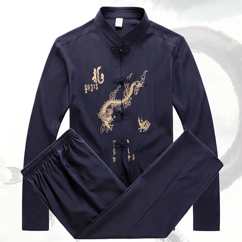 Дракон рубашка Для мужчин хлопковая рубашка с длинными рукавами воротник-стойка Китайская традиционная Костюмы воротник-стойка кунг-фу