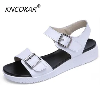 

KNCOKAR2018 Sandals genuine leather flat 2018 all-match brief flat heel soles maternity women's anti-slip shoes