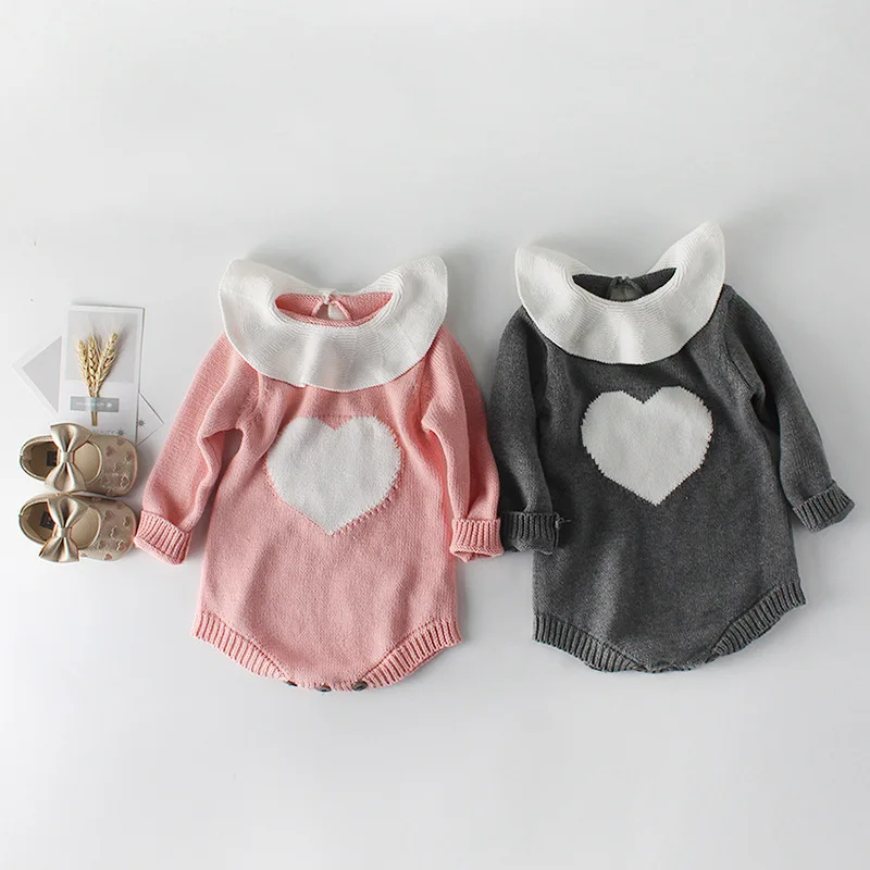 

2019 New Baby Girls Love Star Knitting Rompers Toddler Infant Kids Cute Candy Pink Gray Color Spring Clothes