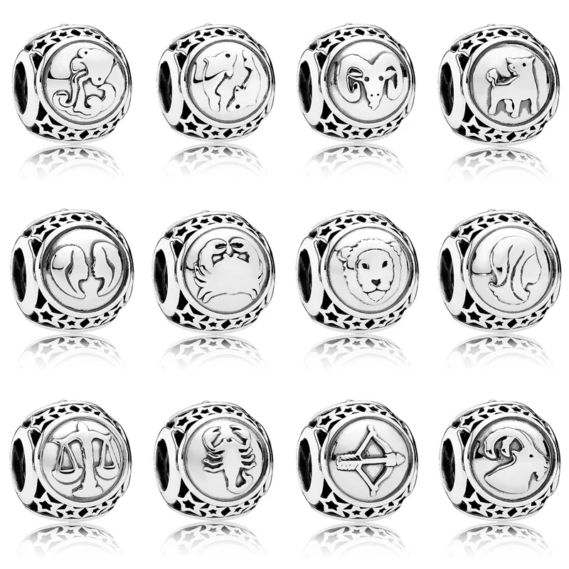 

Authentic 925 Sterling Silver Bead Charm Vintage Openwork Twelve Constellations Beads Fit Women Pandora Bracelet Bangle Jewelry