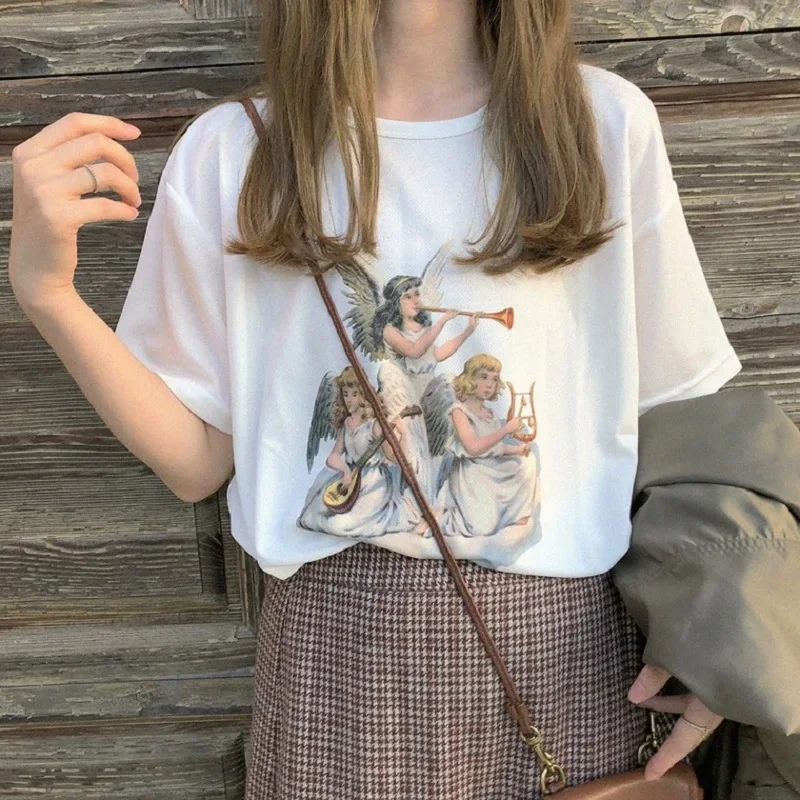 

Harajuku Girls Tshirt Women Summer Cute Angel Print Casual Short Sleeve O-Neck Cotton Girls Outwear Loose Tshirt Femme Outfit