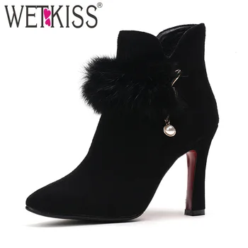 

WETKISS High Heels Women Ankle Boots Pointed Toe Zip Footwear Pearl Winter Fur Bridal Ladies Boot Wedding Shoes Women 2018 New