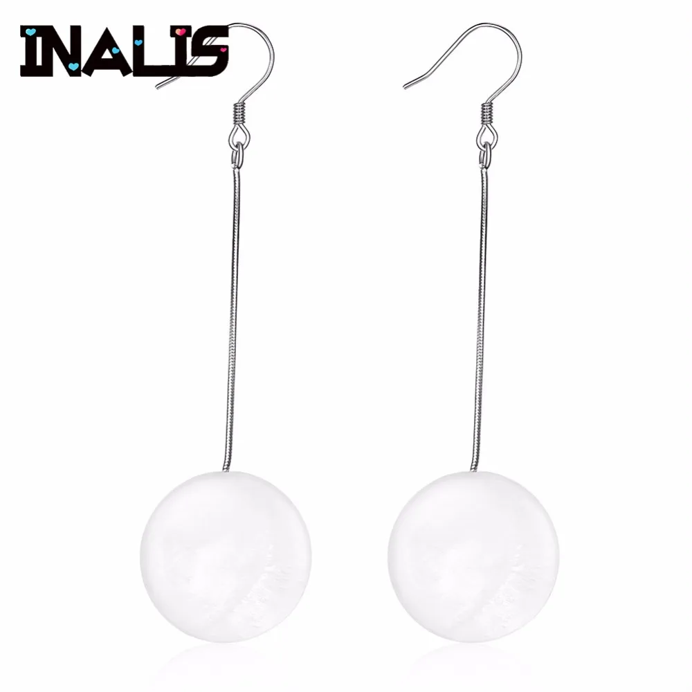 

INALIS Simple Design Drop Earrings 925 Sterling Silver Ear Hook Round Shape White Sea Shell Pearl Pendant Dangle Brincos Gift