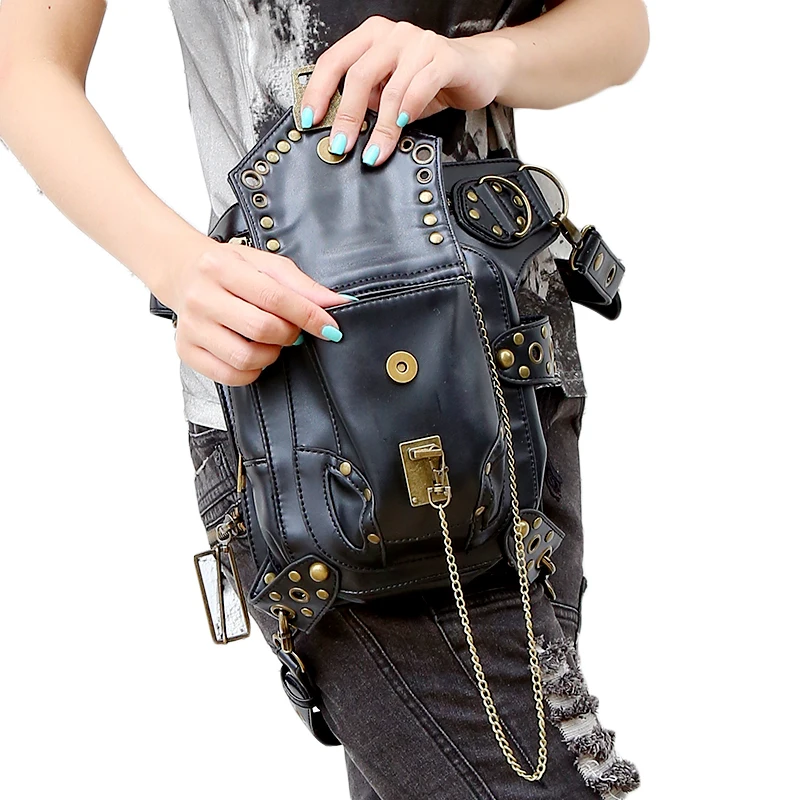 2018 Fashion Gothic Steampunk Retro Rock Bag Women Waist Bag Black Leather Shoulder Bag Phone Case Messenger 2018 Fashion Gothic Steampunk Retro Rock Bag Women Waist Bag Black Leather Shoulder Bag Phone Case Messenger
