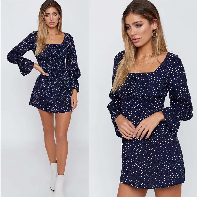 yinlinhe Navy Polka Dot Summer Dress Long Sleeve Vintage High Waist Women Dress Mini Slim Elegant Ladies Clothing  13