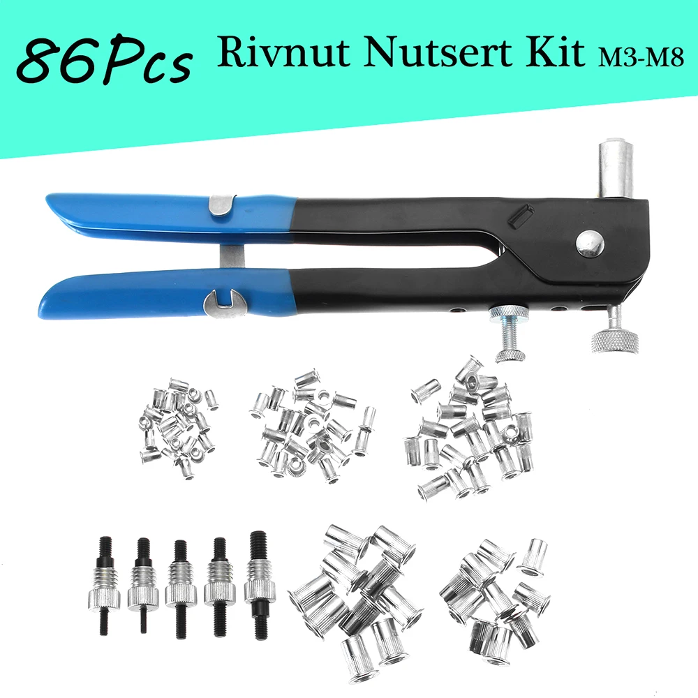 

86Pcs Hand Riveter Nut Riveter Guns Kit M3-M8 Manual Threaded Nut Rive Tool Hand Tool Set
