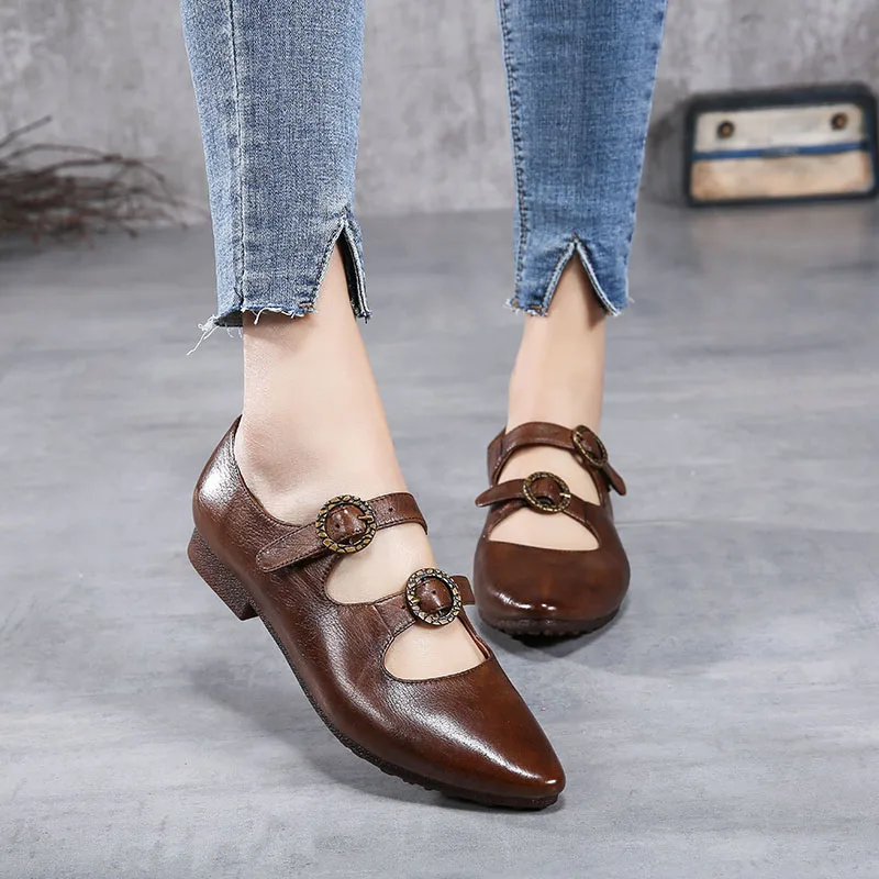 

2019 Autumn New Arrival Ladies Shoes Genuine Leather Pointed Toes Buckle Soft Comfort Handmade Retro Women Flats