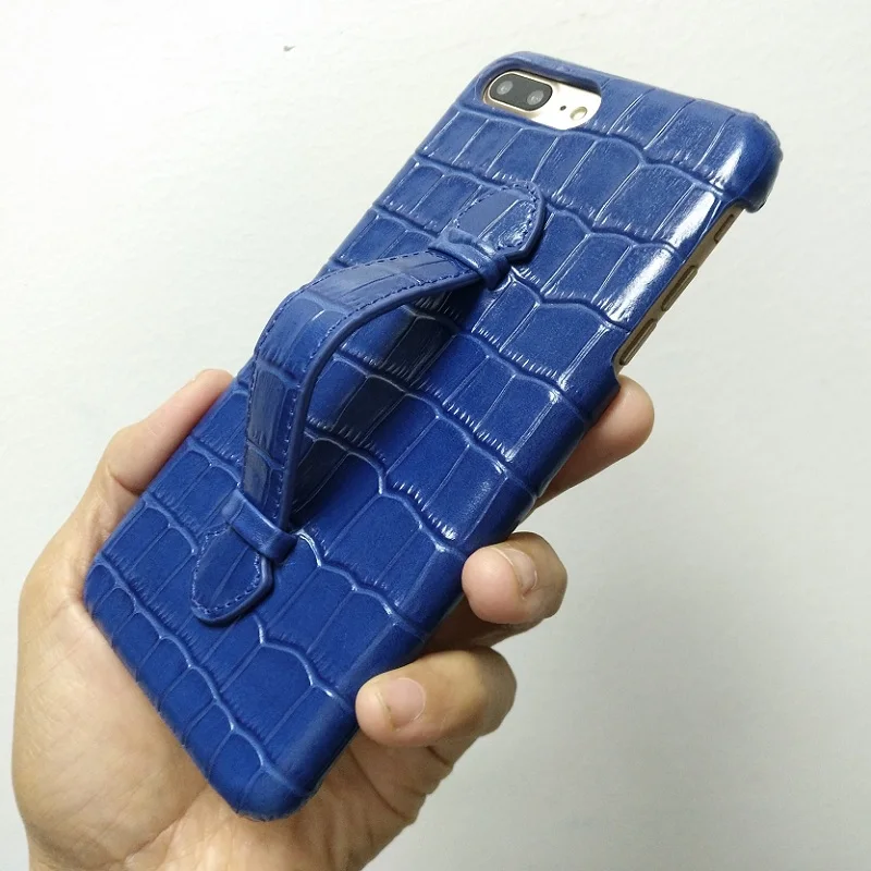 

Genuine Leather Hand Strap Holder Phone Cases For iPhone 7 8 Plus Luxury Leather Crocodile Slim Back Cover Case Blue Solque