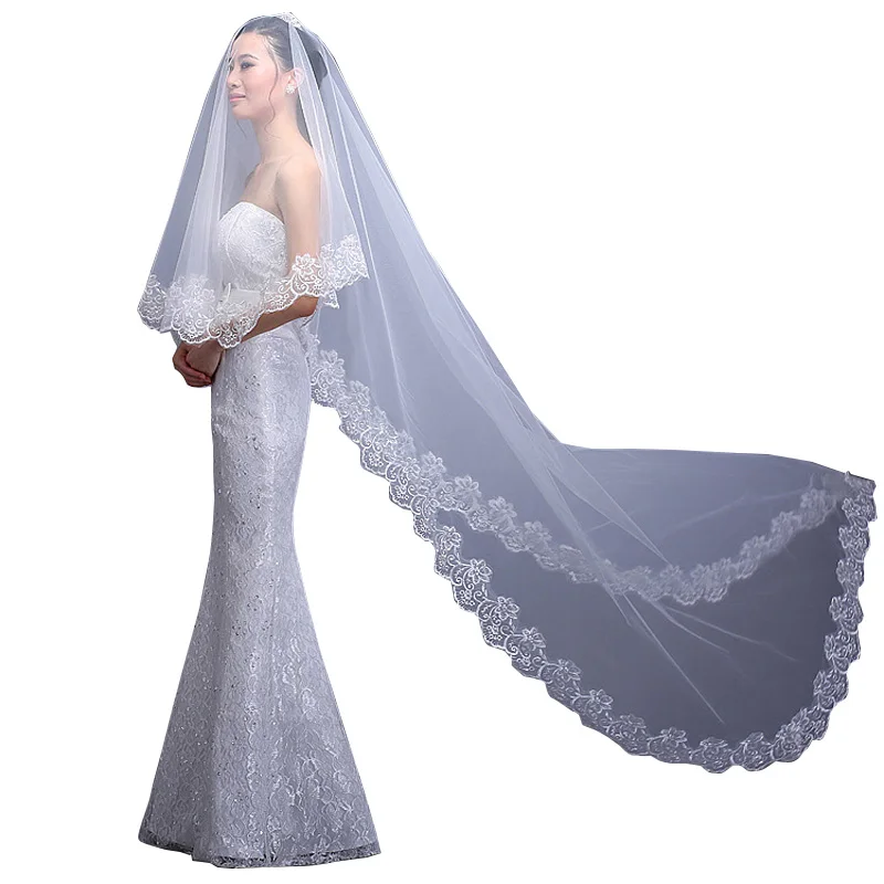 

3 Meters Long Wedding Veil-Applique Edge One Layer White Ivory Wedding Bridal Accessories Cheap Cathedral Vail accesorios mujer