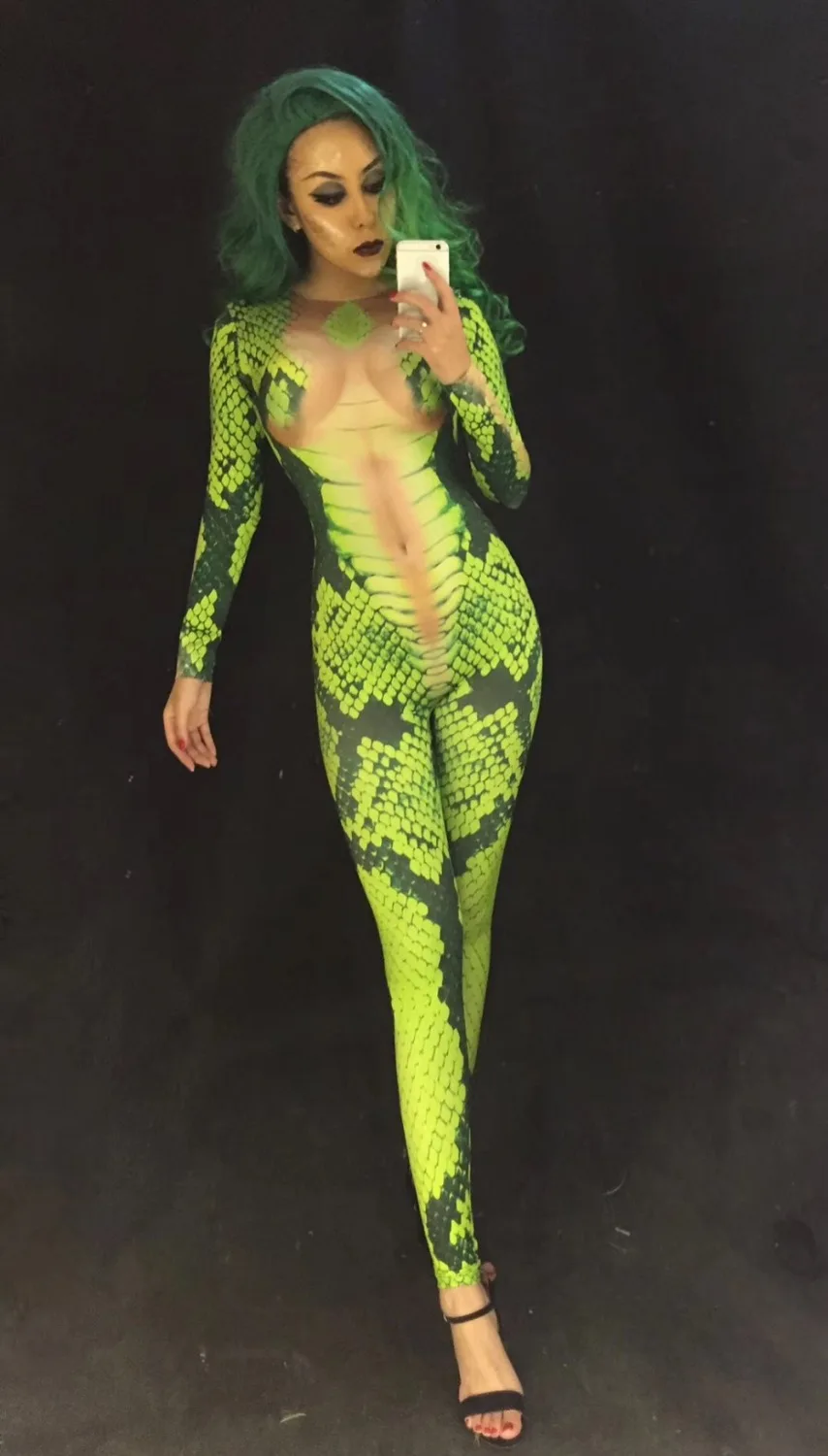 Najtaniej Kobiety Halloween 3D Drukowane Green Snake Dla Kostium DJ DS Śpiewak oacute;w Kombinezon Bling Kobiety Body Świętować Odzież Wydajność