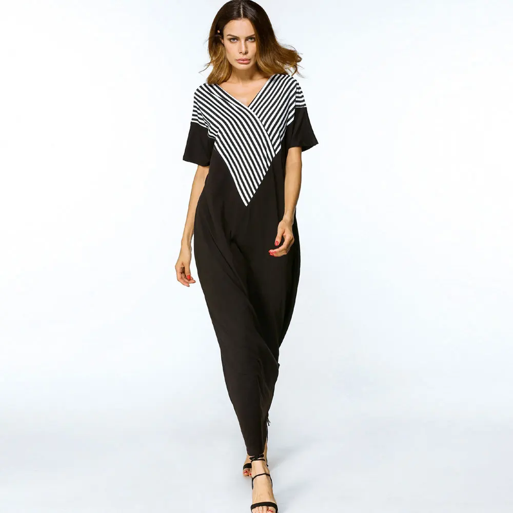 

Women Casual Daily Dress Boho Stripe Print Summer Long Dress Elegant Beach Sexy V Neck Long Clothing VKDR1019