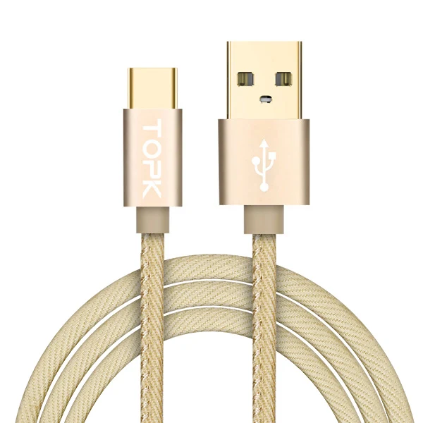 Type-C кабель, TOPK Denim провод USB C позолоченный штекер быстрой зарядки usb type C кабель для MacBook/Xiaomi 4C/Letv/Oneplus - Цвет: Золотой