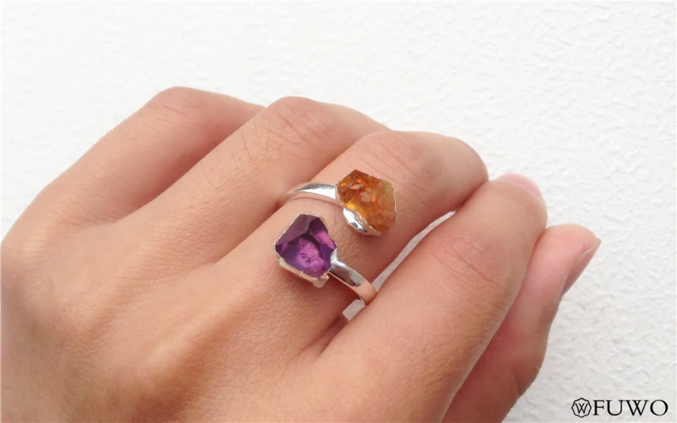 FUWO Необычные Кристальные кварцевые кольца с 24 к позолотой, многокаменные аметисты, цитрины, кольцо, регулируемый размер,, RG010