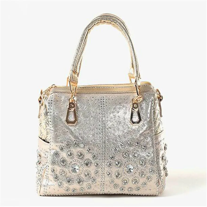 

Women Handbag Pu Leather Top Handle Diamonds And Beans Baguette Bag Over The Shoulder Luxury Vintage Retro Rock Style Bag