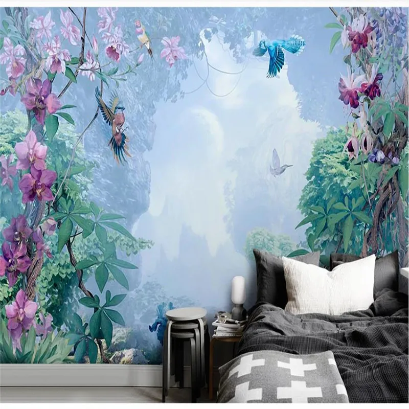 Custom wallpaper Nordic hand-painted small fresh tropical plants flowers and birds background decorative waterproof material Custom wallpaper Nordic hand-painted small fresh tropical plants flowers and birds background decorative waterproof material