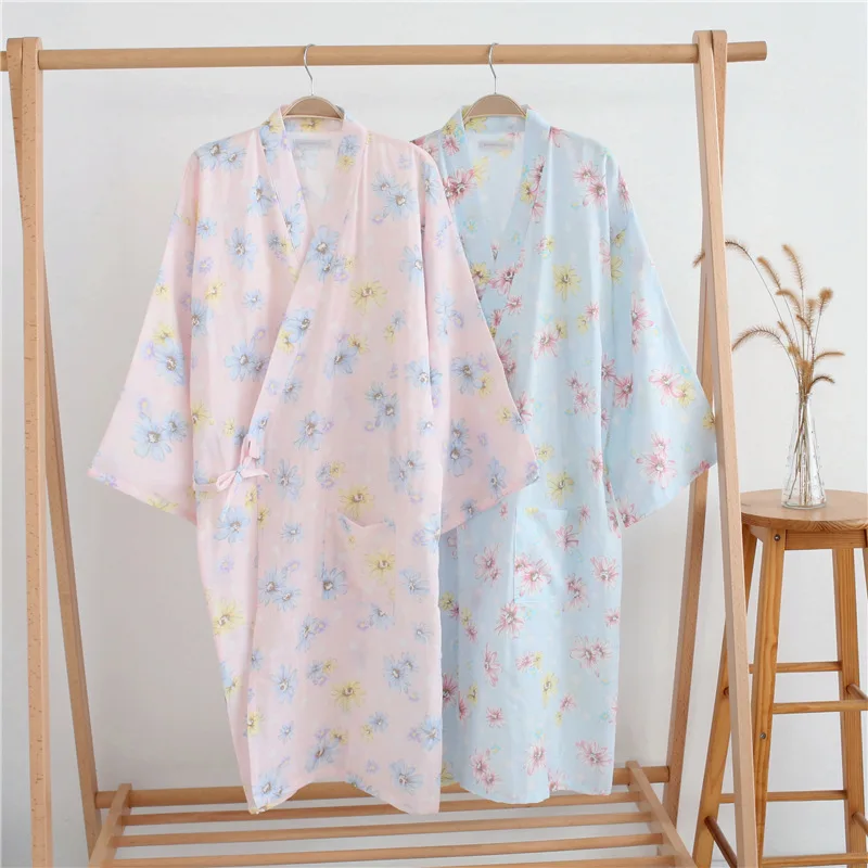 Летний тонкий стиль, хлопок, марлевые халаты, вязаные женские халаты, одежда для сна размера плюс, кимоно, ночной халат, длинный халат