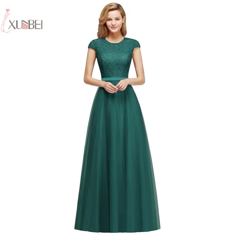 

New Sexy Elegant Ink Green Tulle Long Prom Dresses 2019 Cap Sleeve A line Prom Gown Vestido de gala