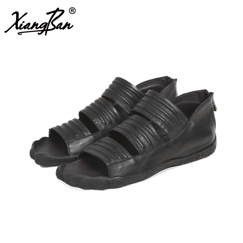 

Original handmade leather woman sandals flat heel comfortable casual women's shoes summer Rome Sandals Black Flat Sandals