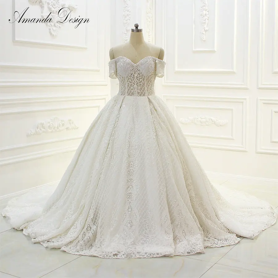 

Amanda Design Off Shoulder Short Sleeve Lace Beading Luxury Wedding Dress 2019
