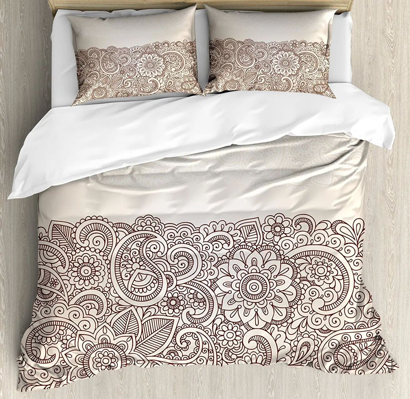 

Duvet Cover Set , Complex Design with Mandala and Paisley Nature Inspired Traditional Victorian Revival, 4 Piece Bedding Set