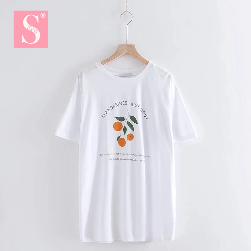 

STVY 2018 Summer Women T-shirts Fruit Orange Printed O-neck Short Sleeve Tee Tops 100%Cotton Loose Female T-shirt