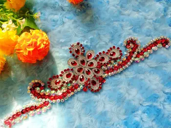 

Handmade crystal patches sew on Rhinestones red/clear AB colour applique with stones sequins beads 27*8cm for dress blet