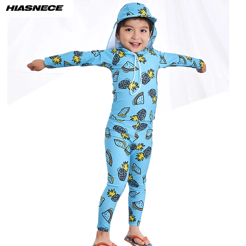 

Boys Swimwear 3 Pieces Printed Long Sleeves Shirt Pants with Sunhat Children kids Sunscreen Surfing Swim suits Rash Guards 2018
