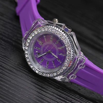 Горячая Студенческая Защита детская кожа мягкие силиконовые светодиодные часы модные кварцевые Детские Мультяшные часы со стразами - Цвет: purple