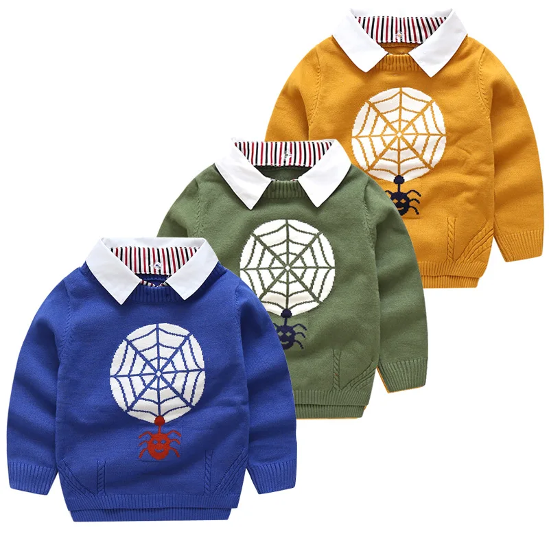 

2018 Autumn And Winter Boys Sweater Cardigans Lapel Sweater Cartoon Spider Sweater Knitted Baby Clothes