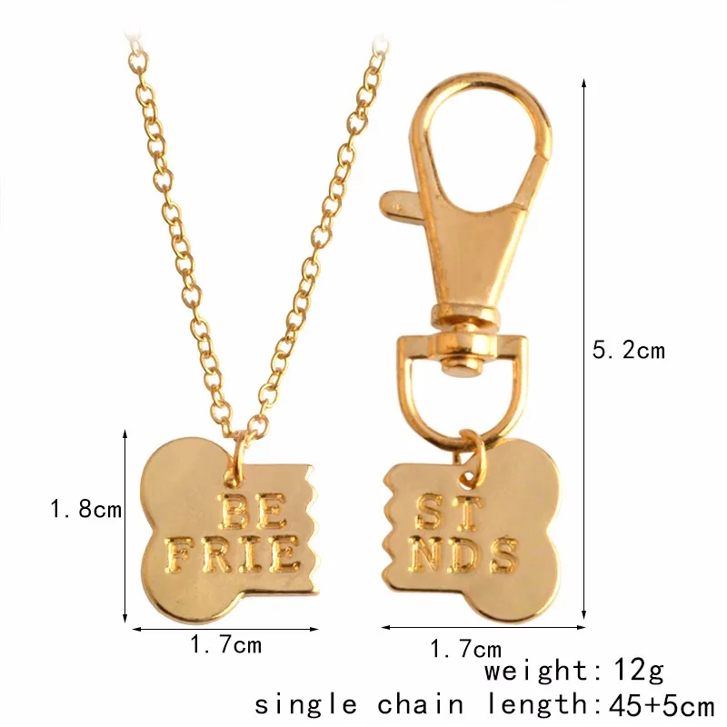 QIHE JEWELRY 2pcs/set Gold Silver Color Dog Bone Best Friends Charm Necklace & Keychain Handstamped BFF Bones Friendship Jewelry 16